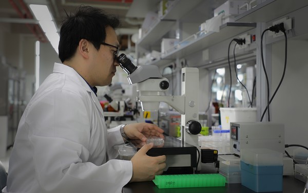 서울대학교에 소재한 ㈜네오리젠바이오텍 연구소에서 연구를 진행하고 있는 연구원의 모습.